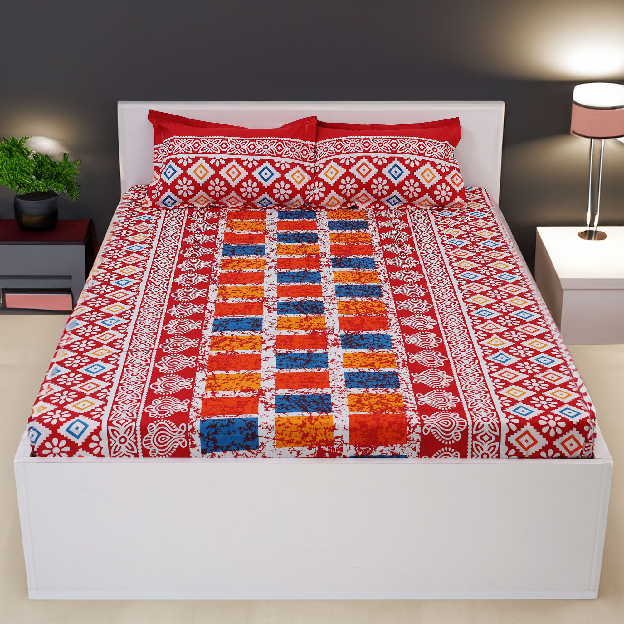 Double King Size Bedsheet Set (7.5x8.5 ft) with Pillow Covers - Cotton Multicolor Print