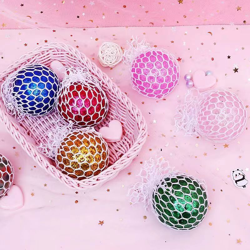 Kid Adult TPR Hand Squishy Ball with Net Rainbow Slime Glow Stress Relief Toy Squeeze Mesh Glitter Gel Bead Sensory Fidget Gfit. 