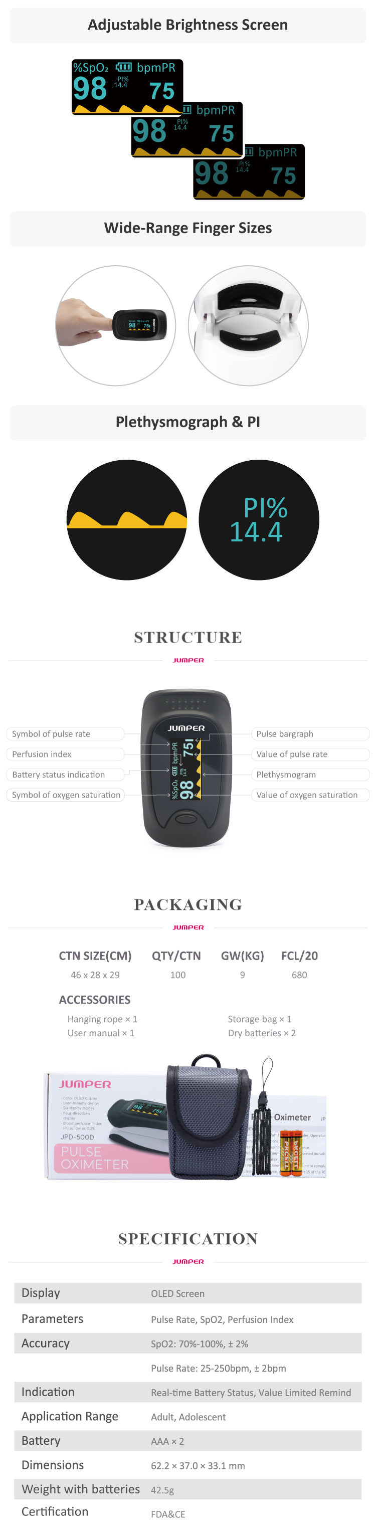 Jumper Fingertip Pulse Oximeter Digital Model JPD 500D OLED   For Mesuring Oxygen Saturation & Heart Rate, Global Version- Germany (Made in China). 