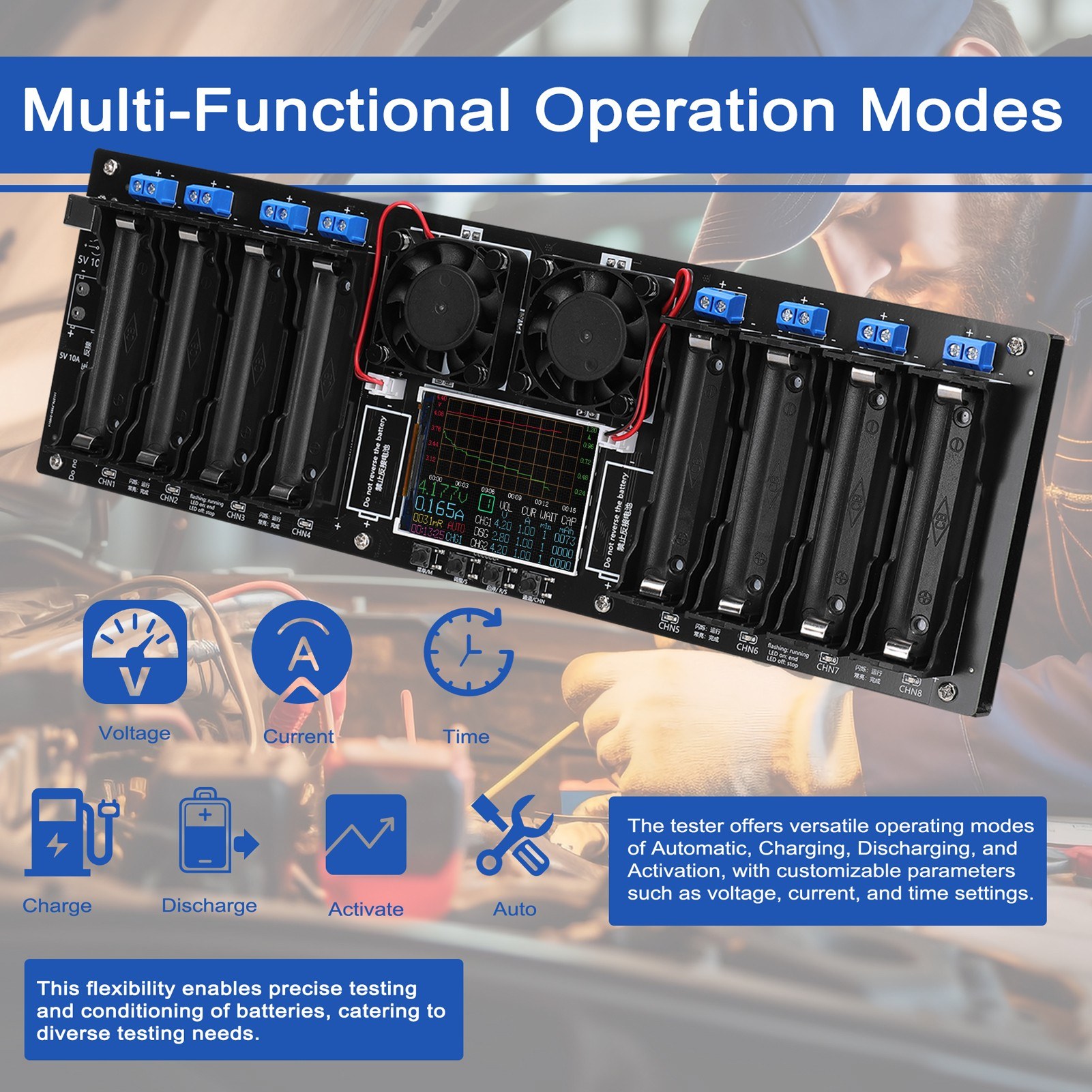 8-Channel 18650 Battery Tester 2.4inch TFT Display Battery Capacity Testing with Multi-Mode Functionality Enhanced Safety, and Intuitive Displaying