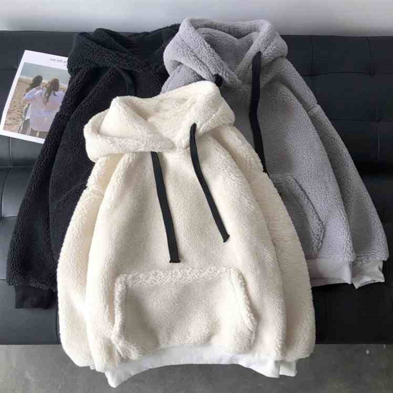 Lamb wool hoodie for women in autumn and winter, Korean version of ins, waitmore trendy hoodie, plush, thickened, loose coat, clothes on top. 