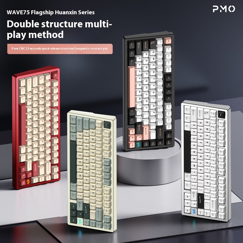 PMO Wave75 Mechanical Keyboard 8000mAh Custmoized Hot Swappable Hifi Switch CNC Aluminum BT 2.4G Wireless QMK VIA Driver. 
