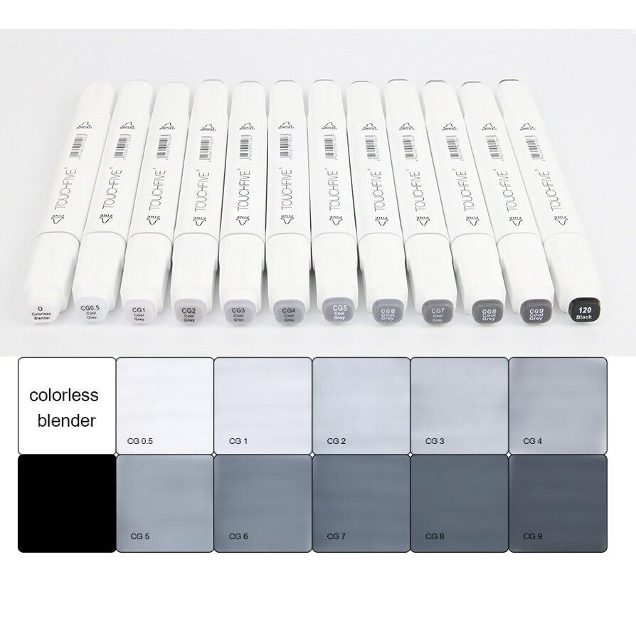 TouchFive Marker Pen 6/12/30 Gray Colors Copic Marker Graphic Art Set. 