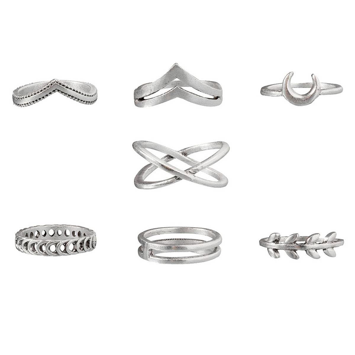 7Pcs Women Retro Cross Moon Leaf Hollow Band Finger Ring Party Jewelry Gift