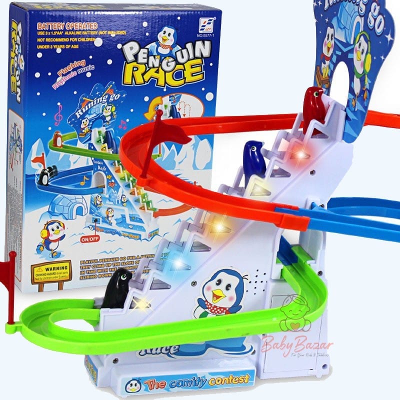 Arctic Fun Playful Penguin Race Set with Flashing Lights and Music On/Off Button for Quiet Play, Jolly Penguin Slide Playset. 