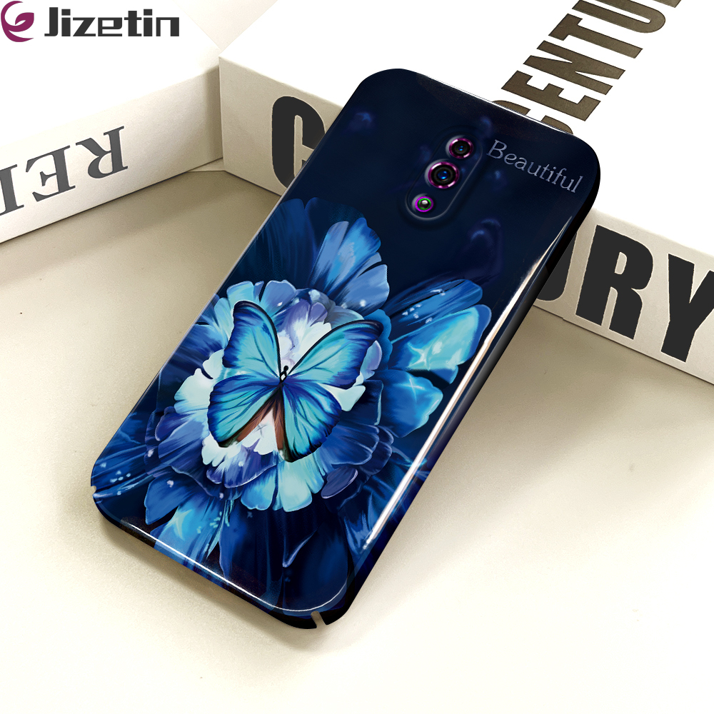 Jizetin for OPPO Reno Back Cover Blue Butterfly Luxury Slim Hard Crashproof Mobile Phone Case For Boys Girls