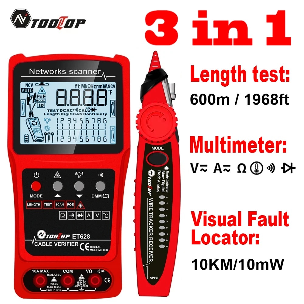 TOOLTOP Network Cable Tester 10KM Visual Fault Locator Multimeter 3 in 1 LAN Length Measure Anti-noise Line Tracker POE Test. 