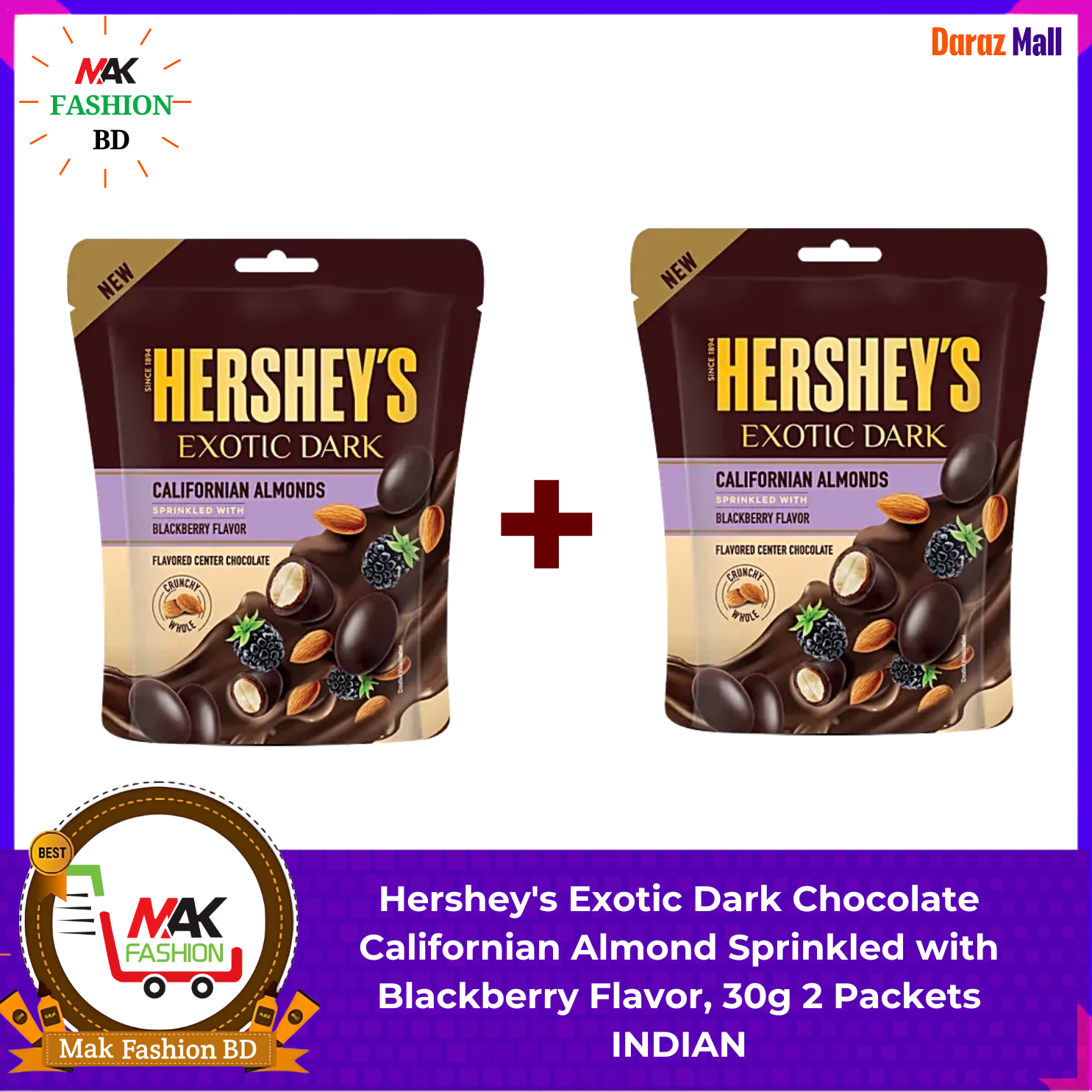Hersheys Exotic Dark Chocolate Californian Almond Sprinkled with Blackberry Flavor 30g 2 Packets INDIAN