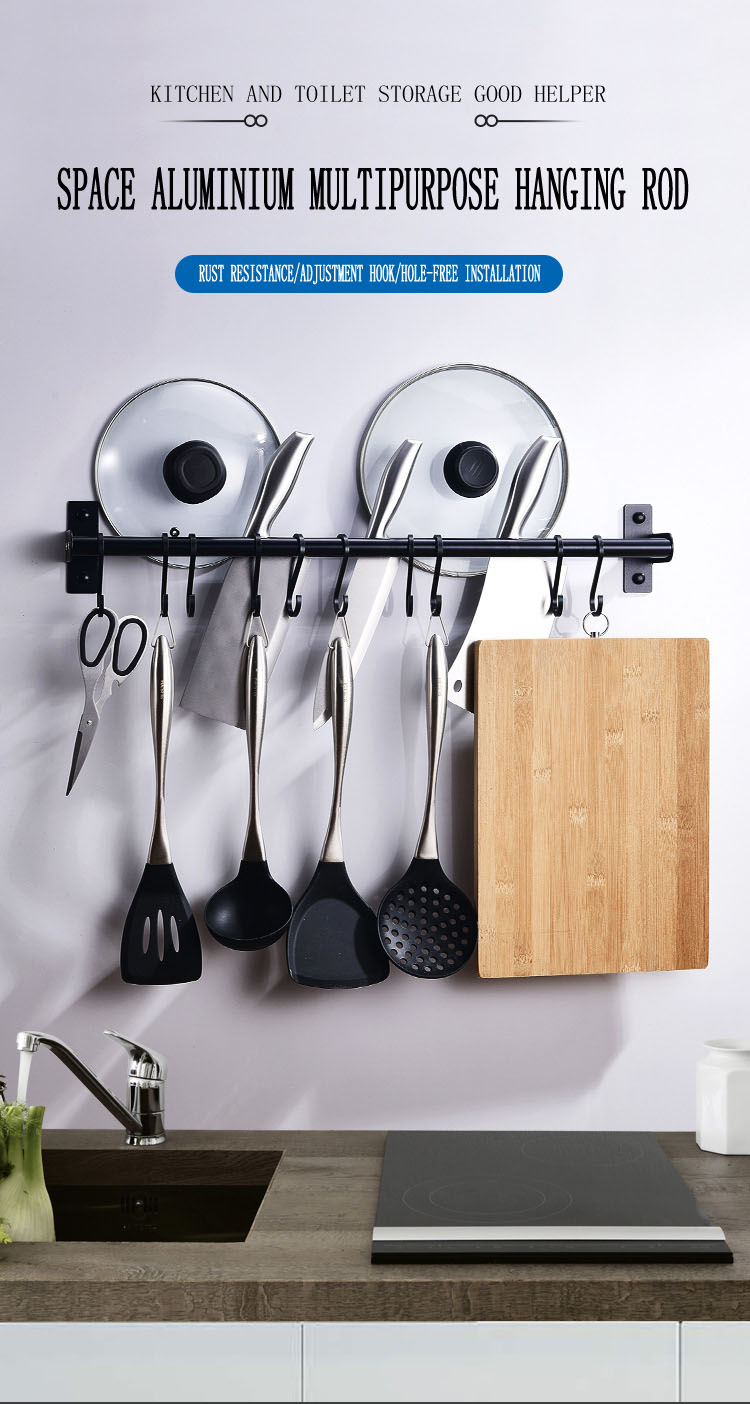 Hook Rack For Kitchen Utensils, Adhesive drilling 2 Way Install With 8 Hooks, 40 Cm Wall Mounted