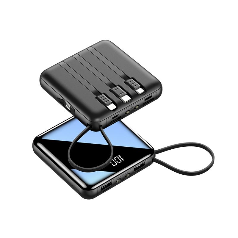 20000mAh Mini Power Bank with Built in 4 Cables, Fast Charging, and Flashlight, Portable External Battery for Apple, Micro USB, Type C Devices. 