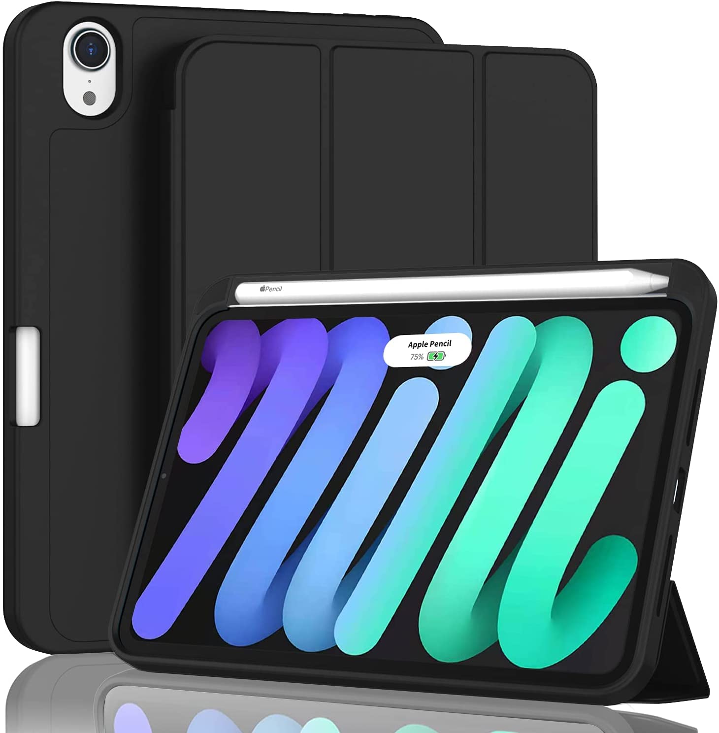For apple iPad Mini Case for iPad Mini 6 2021 8.9 inch with Pencil Holder，[Support 2nd Gen Pencil Wireless Charging] Soft TPU Back Cover for iPad Mini 6th Generation-Black A2568 (Global). 