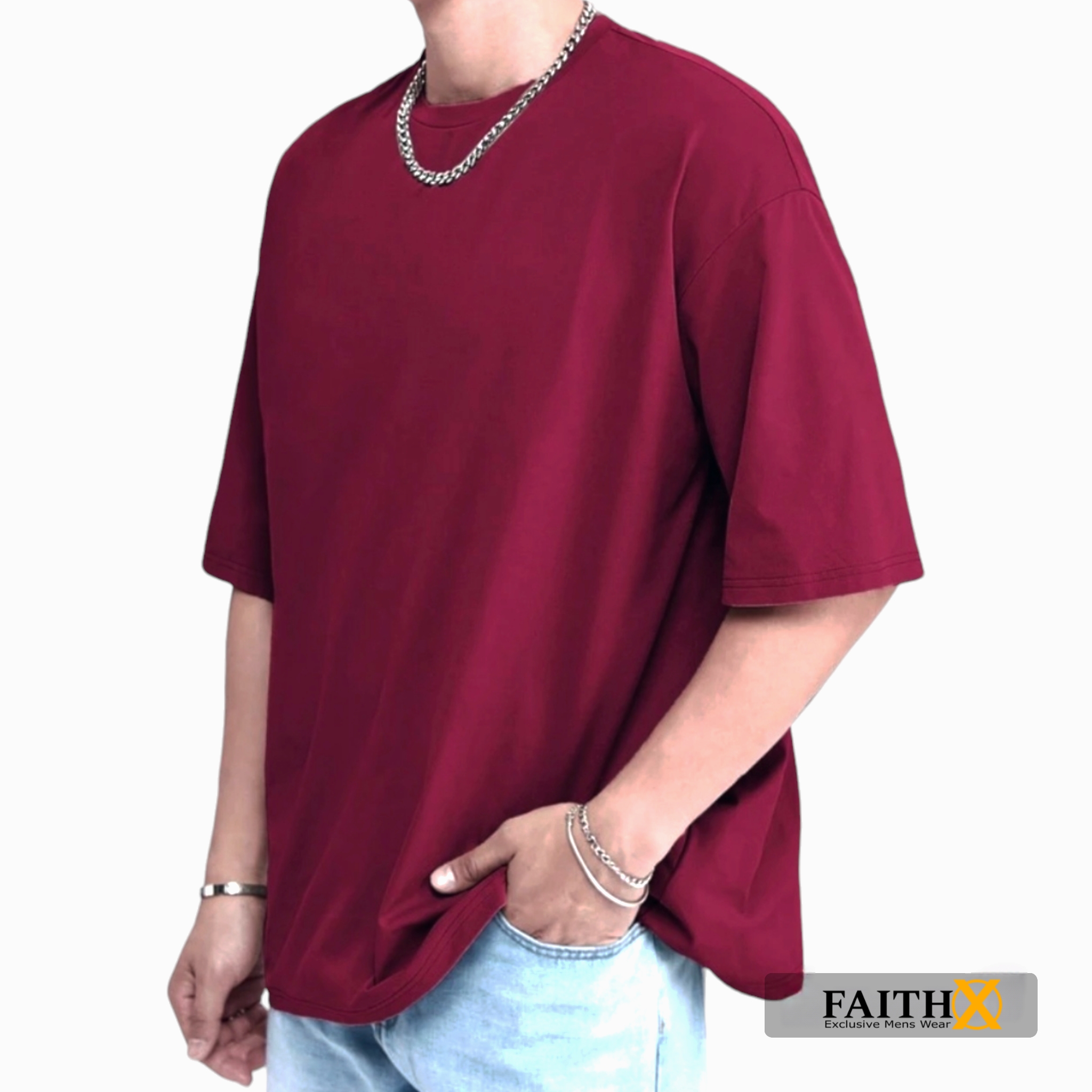 Drop Shoulder New Trendy Solid Color T-Shirt for Unisex / Maroon