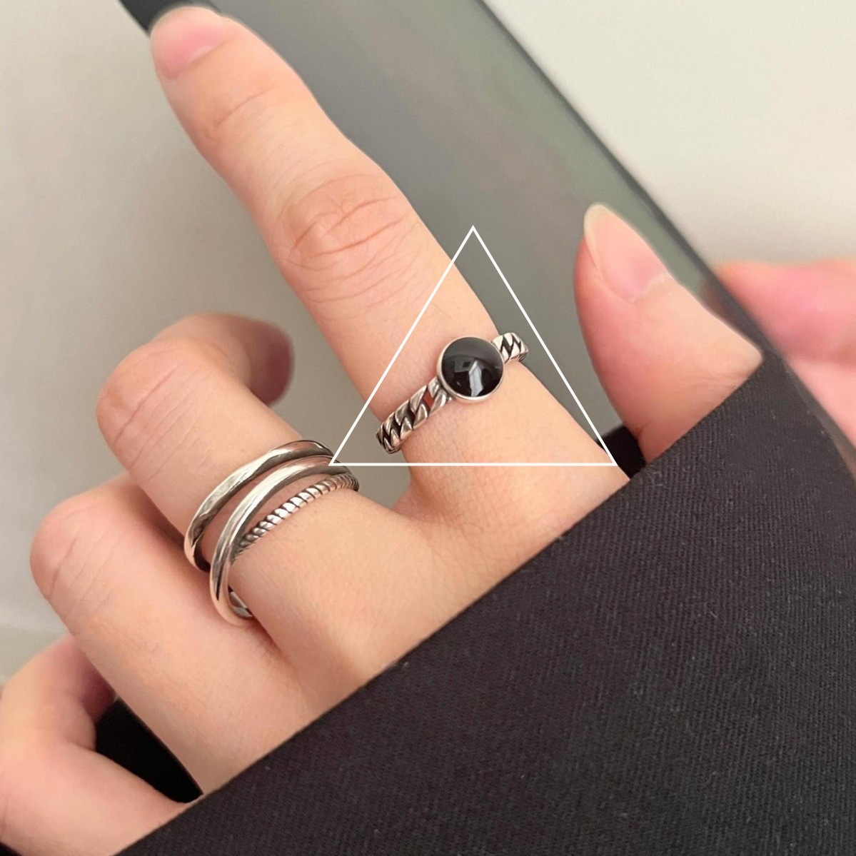 Simple lines cross ring female black drop glaze chain stacked S925 silver open ring ins index finger ring tide. 