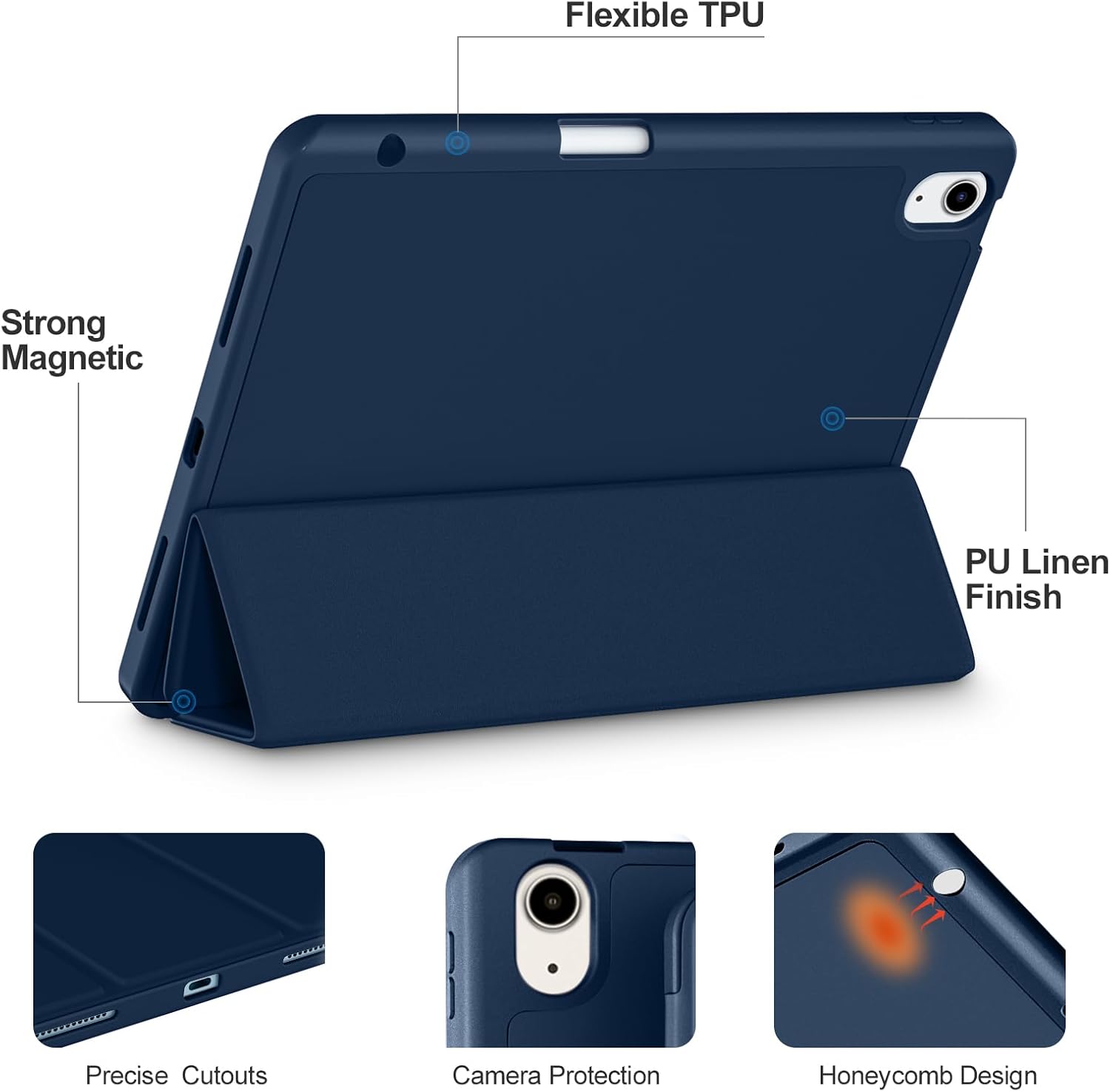 For ipad Air 6th Generation 11 Inch Case 2024/ iPad Air Case 5th Generation/4th Generation 2022/2020 10.9 Inch, Smart iPad Case[Support Touch ID and Auto Wake/Sleep] (Black/Navy Blue). 