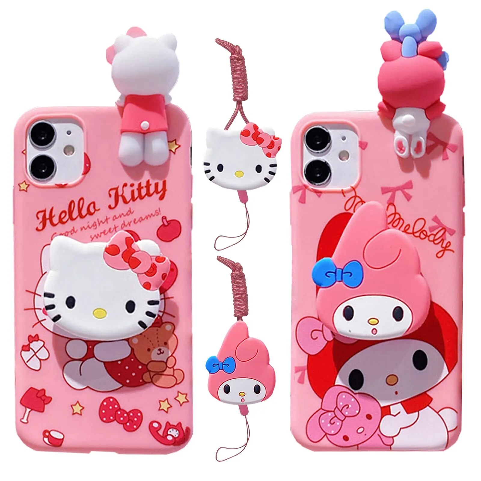 My Melody Hello Kitty For iPhone 6 6s 7 8 X Xs Max XR 11 12 13 14 15 Pro SE Max Case TPU Soft Phone Case With Holder Strap Rope. 