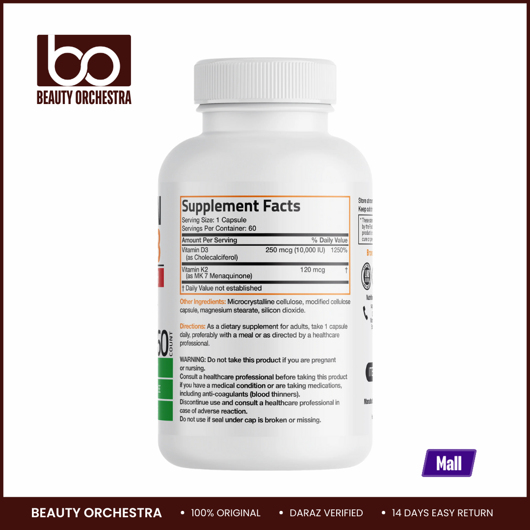 Bronson Vitamin K2 MK-7 Plus Vitamin D3 Extra Strength - 60 Capsules. 