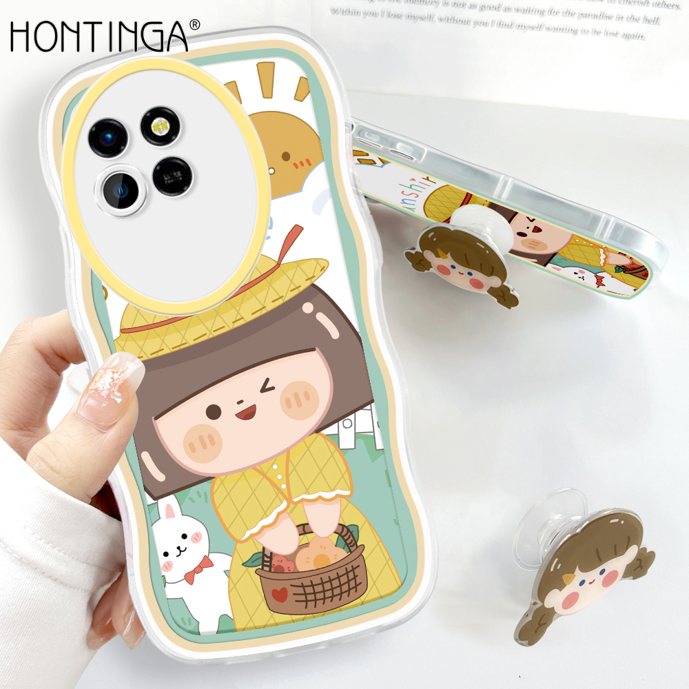 Hontinga for Infinix Smart 6 HD Back Cover Free Holder Lovely Girl Soft Wavy Case Camera Protection Transparent TPU Mobile Cover