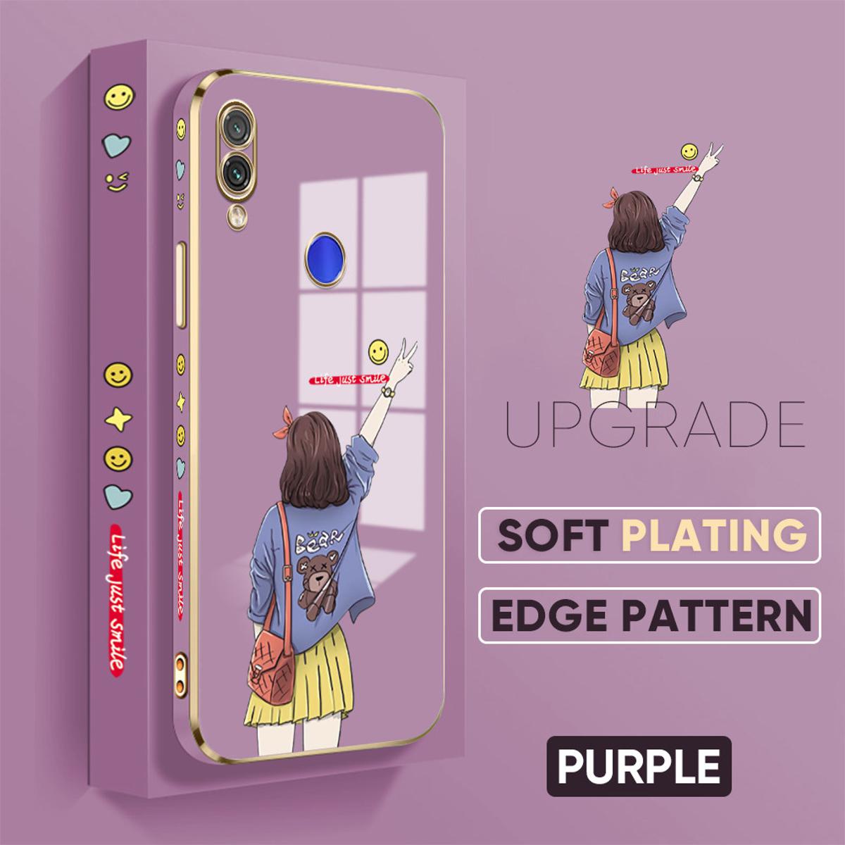 TA for Redmi Note 7 Note 7 Pro Back Cover + Free Lanyard Happy Girl Luxury 6D Plating Case Side Pattern Soft Silicone Square Phone Cases