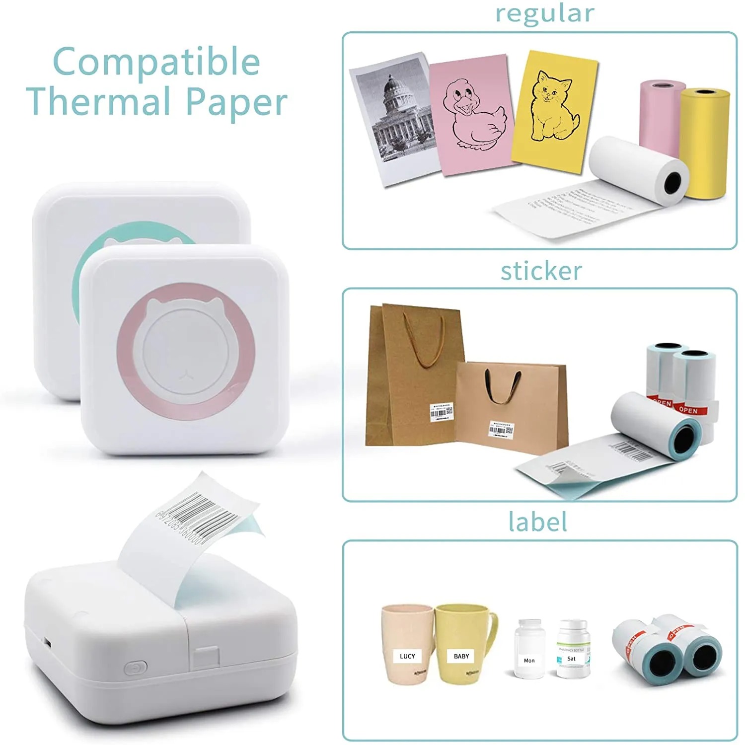 Mini printer Sadakalo Photo Printer Wireless Bluetooth Thermal Printer Photo Label Sticker Printer, C15. 