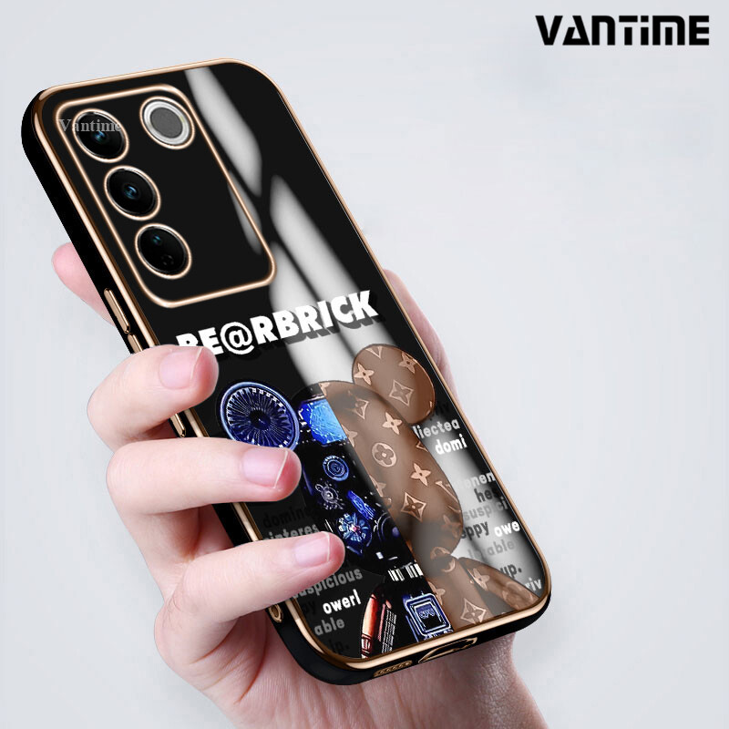 For Vivo V27 V27E Case Bear Printed 6D Plating Case Slim Soft Casing