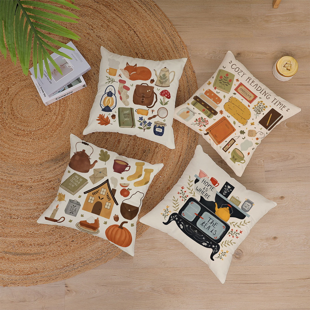 GC Flannel Square Bedside Pillowcase, Pastoral Home Atmosphere Cartoon Anime Pattern Cushion Protective Cover With Invisible Zipper 45x45cm color. 
