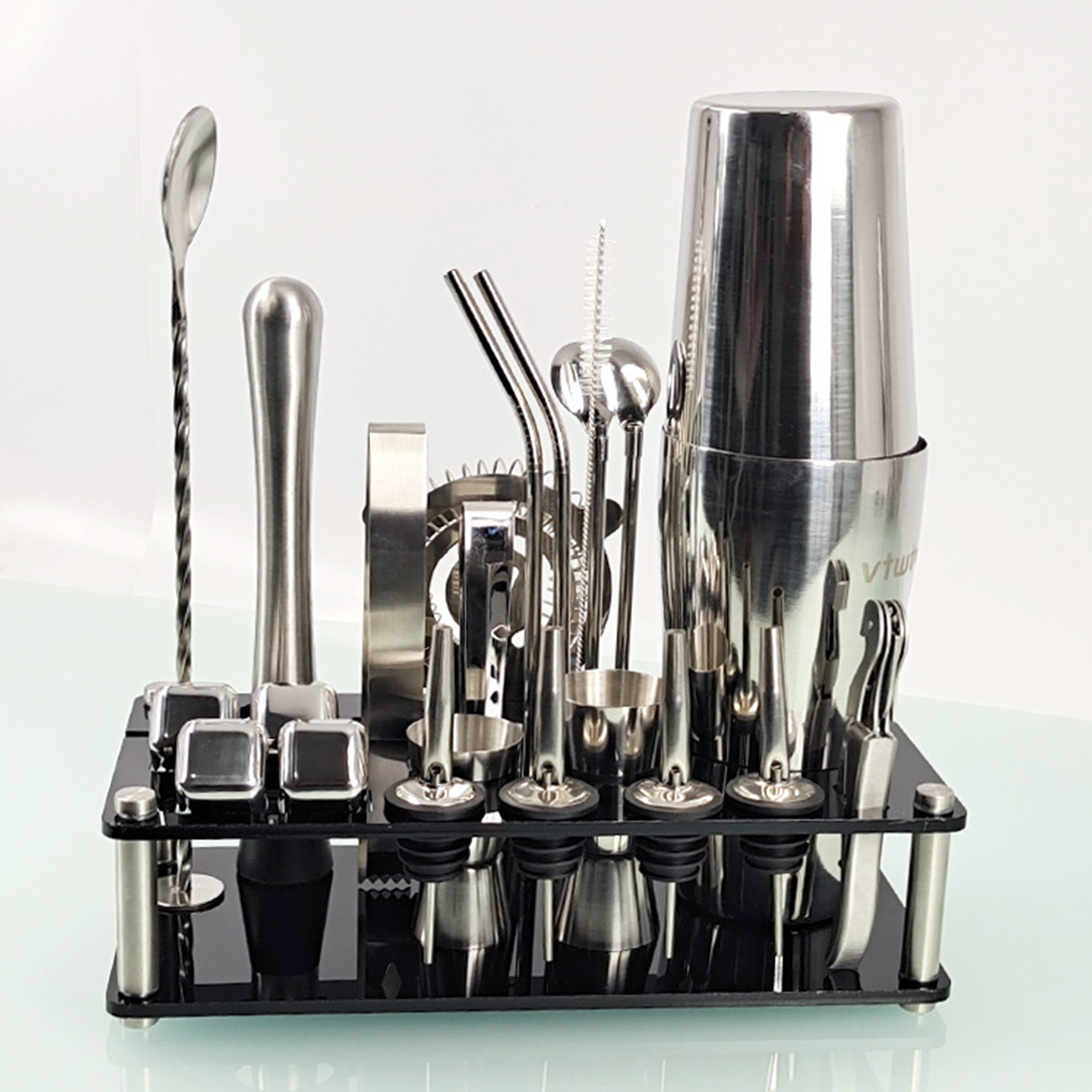 23Pcs/Set Bartender Kit Professional Versatility Stainless Steel Martini Cocktail Shaker with Stand Bar Accessories. 