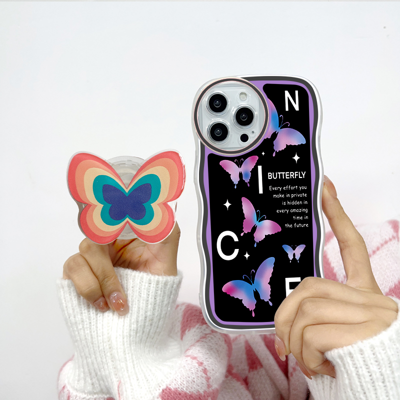 Jizetin for iPhone 13 Mini Back Cover + Free Pop Socket Colorful Butterfly Soft Wavy Shape TPU Phone Case For Girls Boys. 