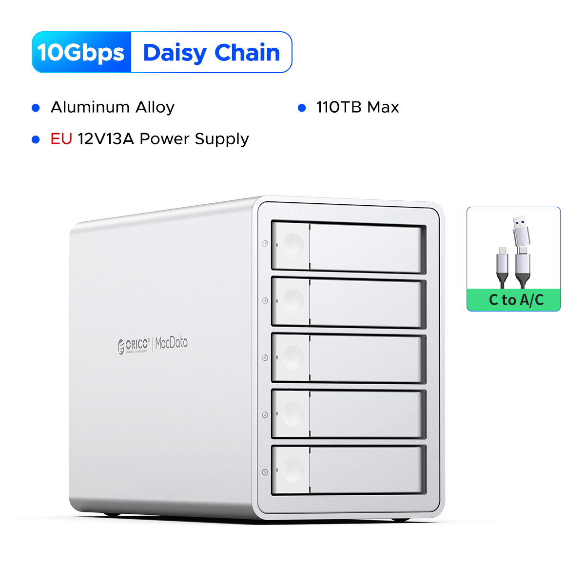 ORICO 3.5" Daisy Chain Type-C 10Gbps HDD Docking Station Support RAID 150W Power for Apple device 5Bay DAS Studio Series. 