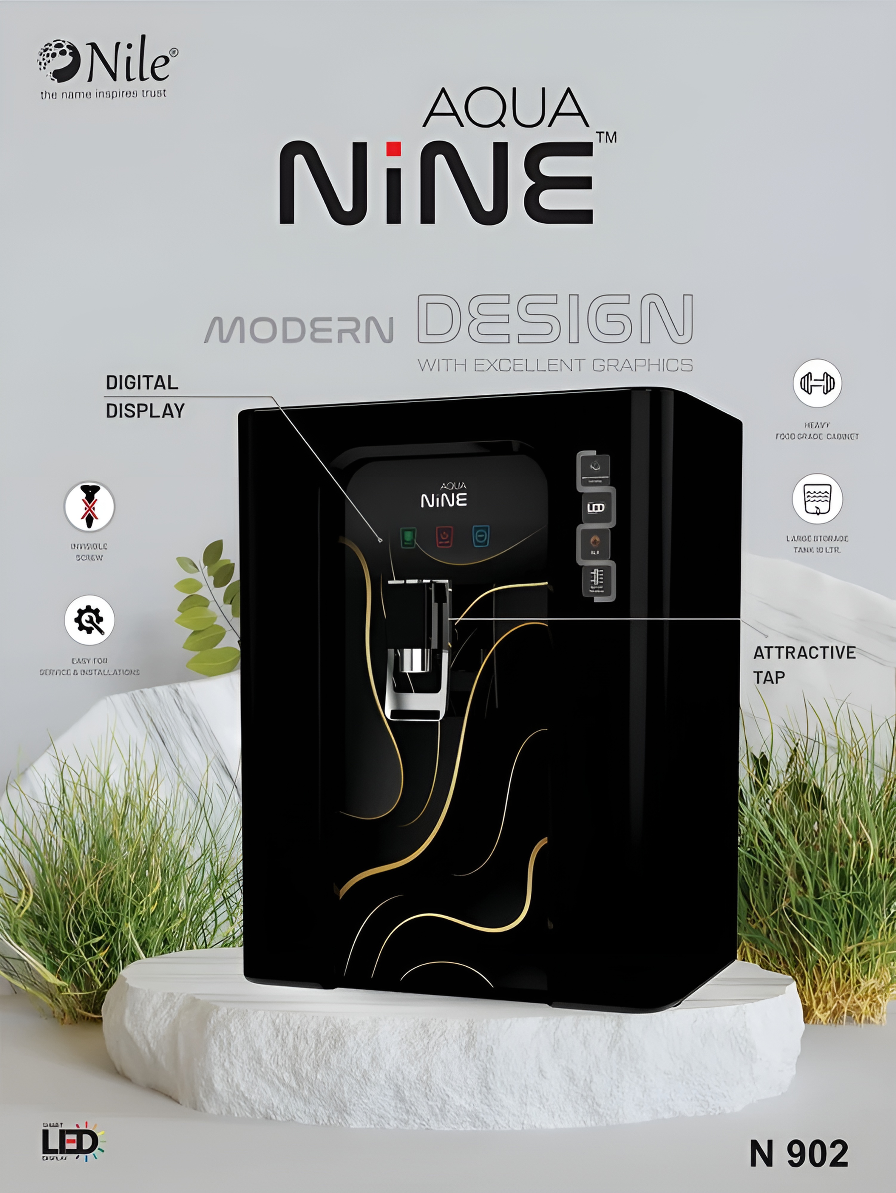 Aqua Nine Black RO+H2AAA Filter With Copper+TDS,6-Stage.Capacity-100.GPD:12 Litre
