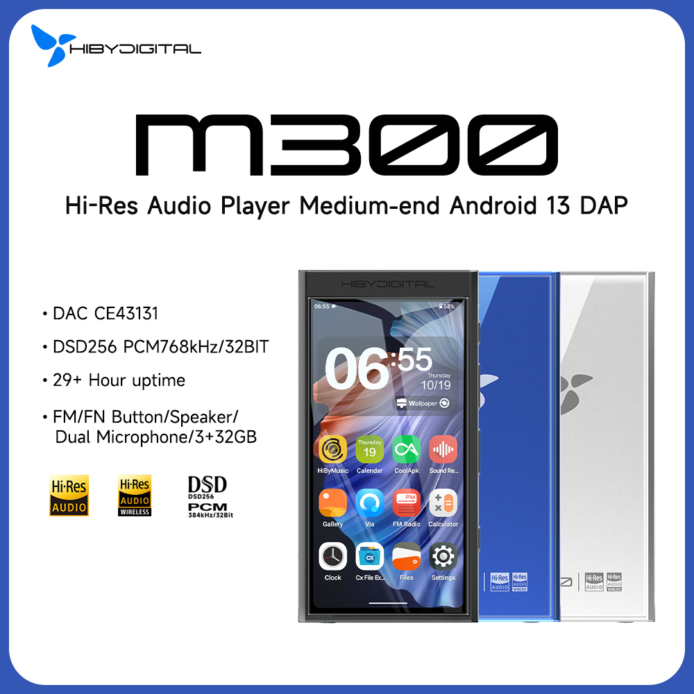 HiBy Dijital M300 Android 13 Müzik Çalar MP3 HiFi Ses Bluetooth WiFi USB DAC DSD FM Radyo Çift Mikrofon Dahili Hoparlör IPS 29 saat