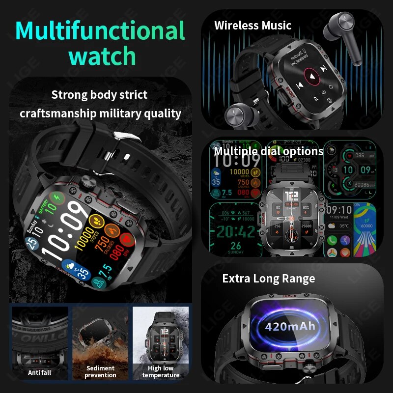 LIGE 2024 Smart Watches Men's Rugged Military Bluetooth Call Sport Heart Rate IP68 Waterproof Outdoor Smartwatch for Android IOS. 