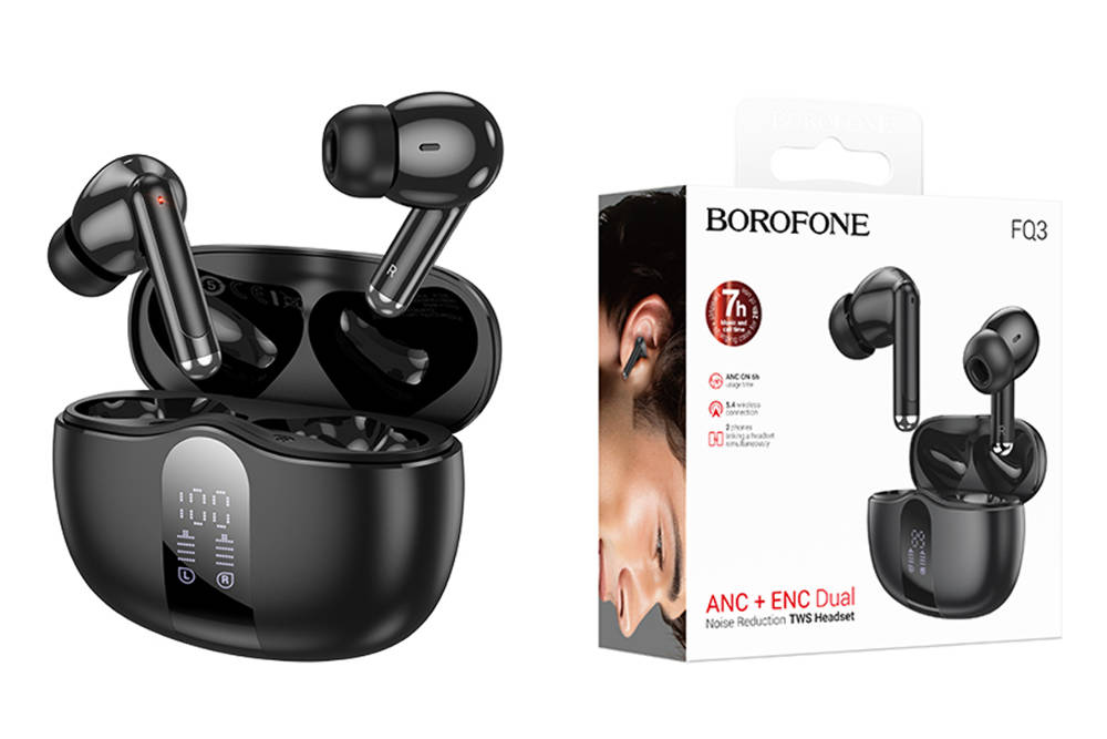 Borofone FQ3 Soulmate ANC+ENC Noise Reduction Wireless BT Headset TWS Earbuds(Black). 