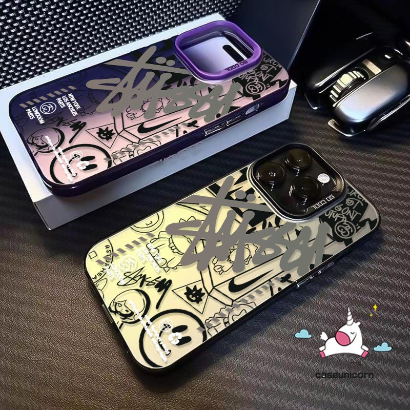 Trendy Cartoon English Cool Smiley Face Graffiti Case Compatible for IPhone 16 15 11 14 12 13 Pro Max XR X 7Plus XS Max 15 8 7 14 Plus SE 2020 Luxury Plated Metal Lens Soft Case