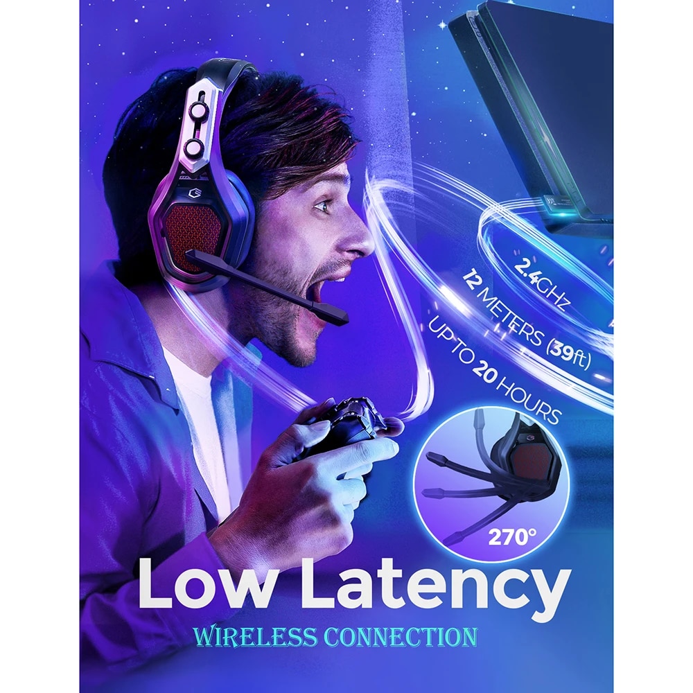 Mpow Iron Pro Wireless Gaming Headset USB/3.5mm Headphone with Noise Canceling Mic 3D Surround 20h Playback for PS5 PS4 PC Gamer.