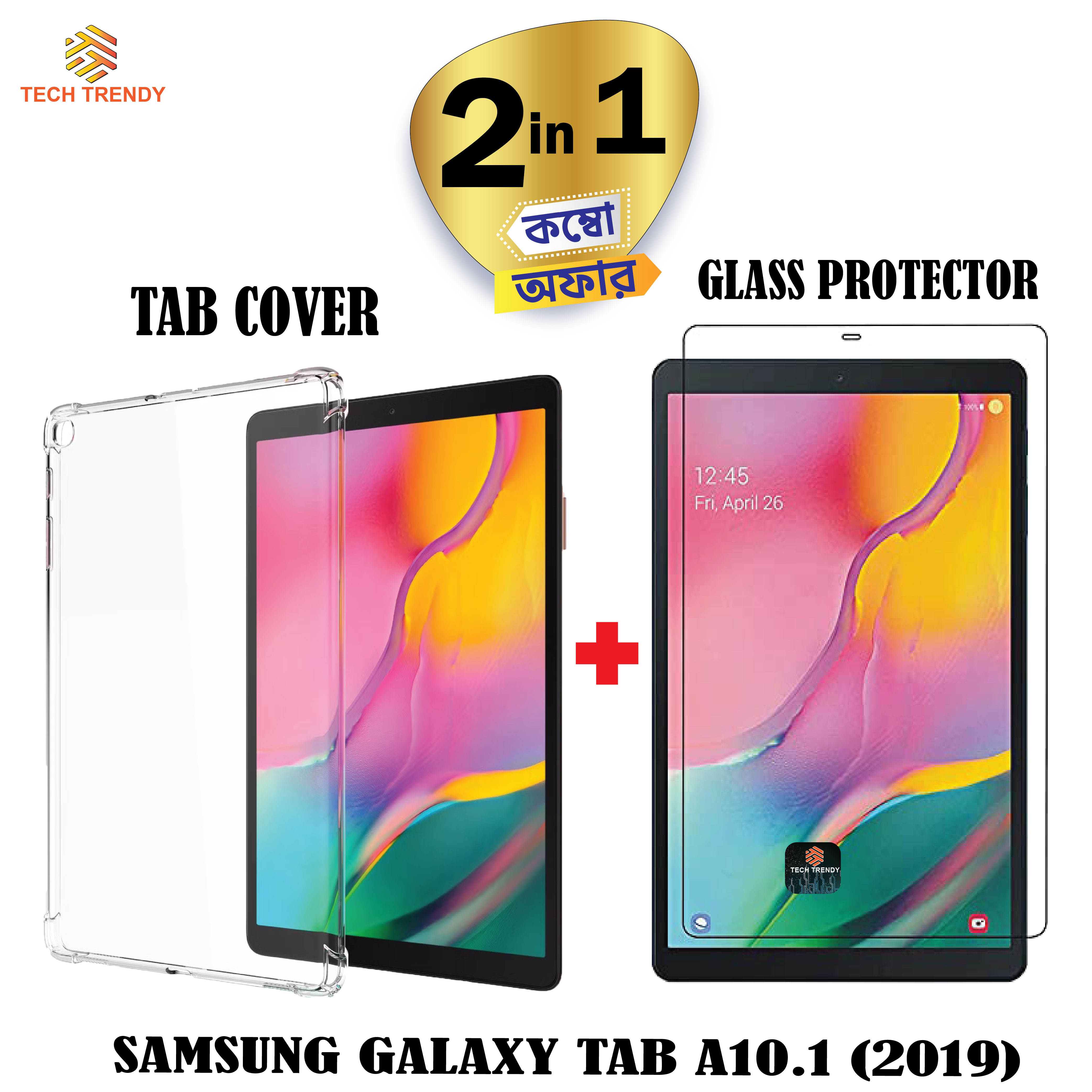 Samsung Galaxy Tab A 10.1 (2019) SMT510/SMT515 Crystal Clear Transperent Tablet Cover + Glass Protector For Samsung Galaxy Tab A 10.1 (2in1 Combo)