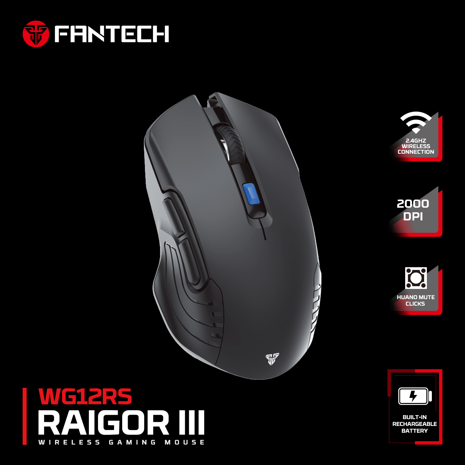 FANTECH WG12RS Raigor III Wireless Gaming Silent Mouse Pixart 3065 2000DPI Wired Mouse Poling 125Hz Macro Button Mice