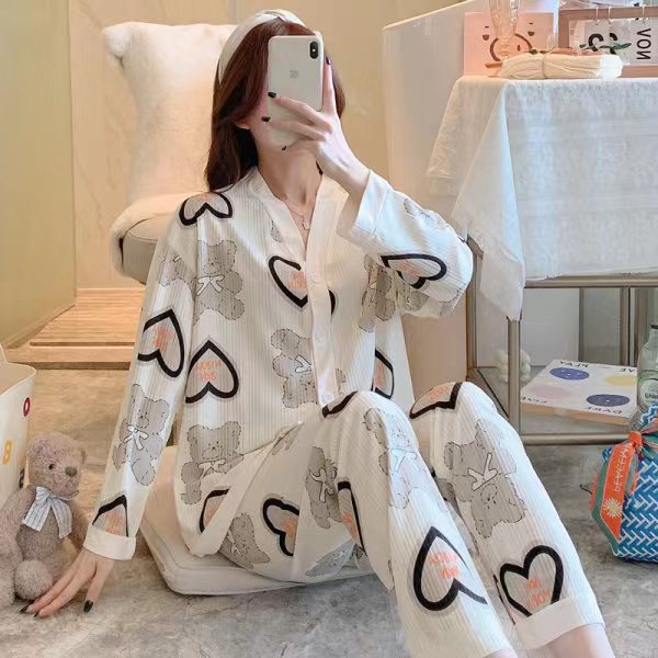 ins korean version circle circle small fragrance wind pajamas women's long sleeves and trousers with pockets loose v-neck foreign trade cross-border loungewear. 