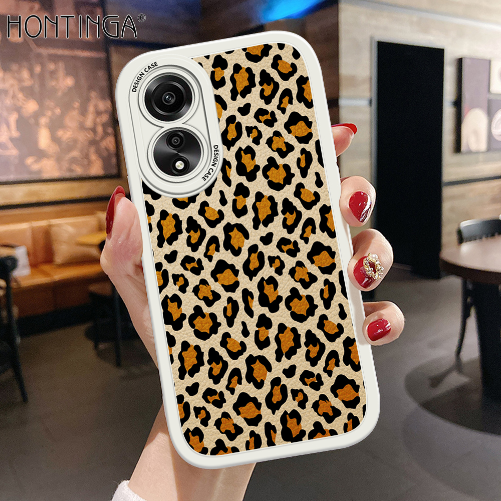Hontinga for OPPO A78 4G Back Cover PU Leather Fashion Leopard Grain Phone Case Soft Silicone Edge Mobile Cover