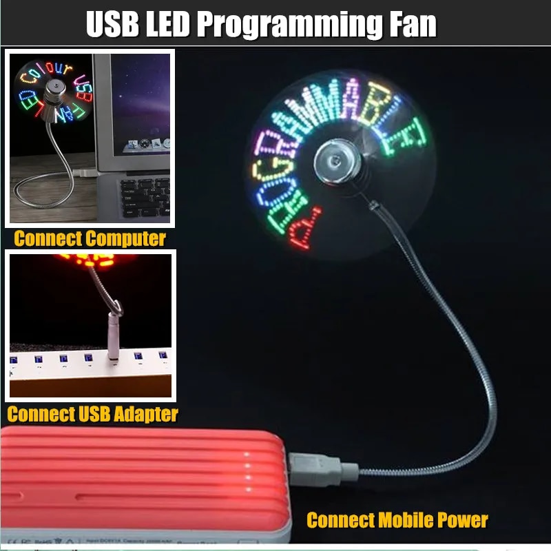 DIY USB LED Light Flash Self Program Fan Edit Display Colorful Letters Symbol Number Greetings Slogan Fan for PC Mobile Power. 