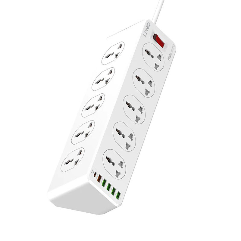 LDNIO SC10610 Extension Cord with 2500W 10 Sockets and 1 Type-C PD Plus QC3.0 Quick Charge 5 USB Ports Desktop USB Extension Home Charger with 2M EU Plug Power Cord SC10610 Socket Port Plugs. 
