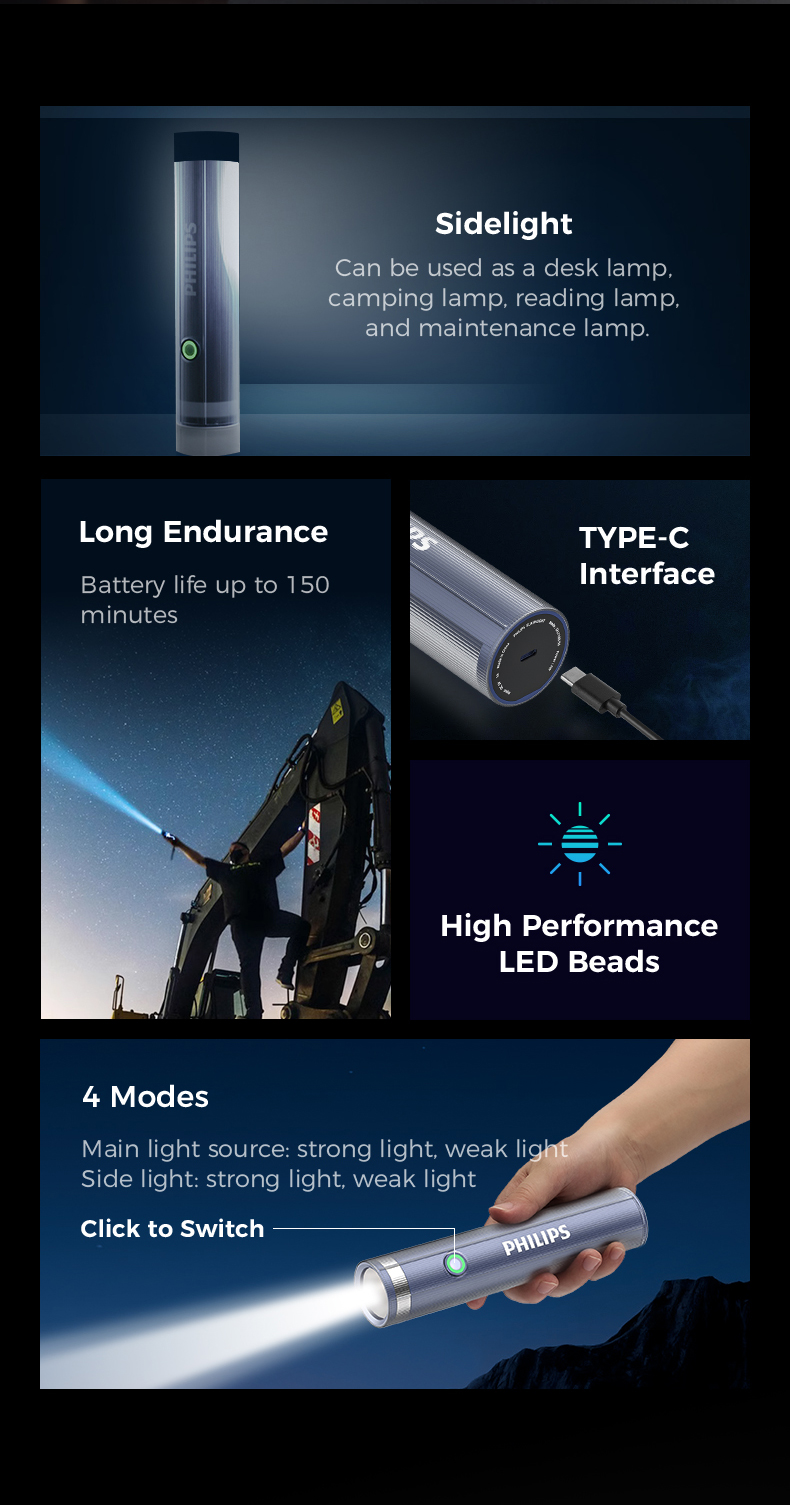 Philips Rechargeable Flashlight with Side Light, 4 Modes Portable Torch, LED Super Bright, Side Light as Desk Lamp, Camping Light, Reading Lamp. 