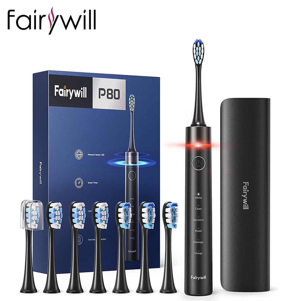 Fairywill Electric Toothbrush P80 Smart Timer Quiet IPX7 Waterproof Fast Charging 8 Replacement Heads 5 Modes with Travel Case