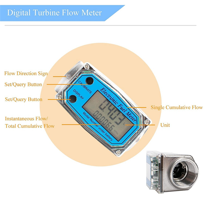 1.5 Inch Digital Turbine Flow Meter LCD Display Fuel Water Flow Meter, Flowmeter for Diesel Kerosene Gasoline Water. 