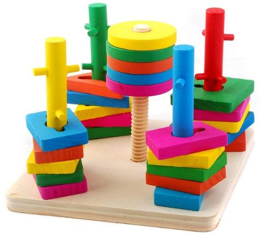 Colorful Wisdom Plate Wooden Reassemble Blocks Five Sets of Geometric Shape Matching Column Wooden Intellectual Toys