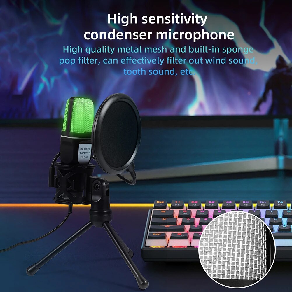 Professional Wired Microphone with Tripod Stand PC Condenser Mic RGB USB Recording Gaming Microphone for Computer Laptop Desktop. 