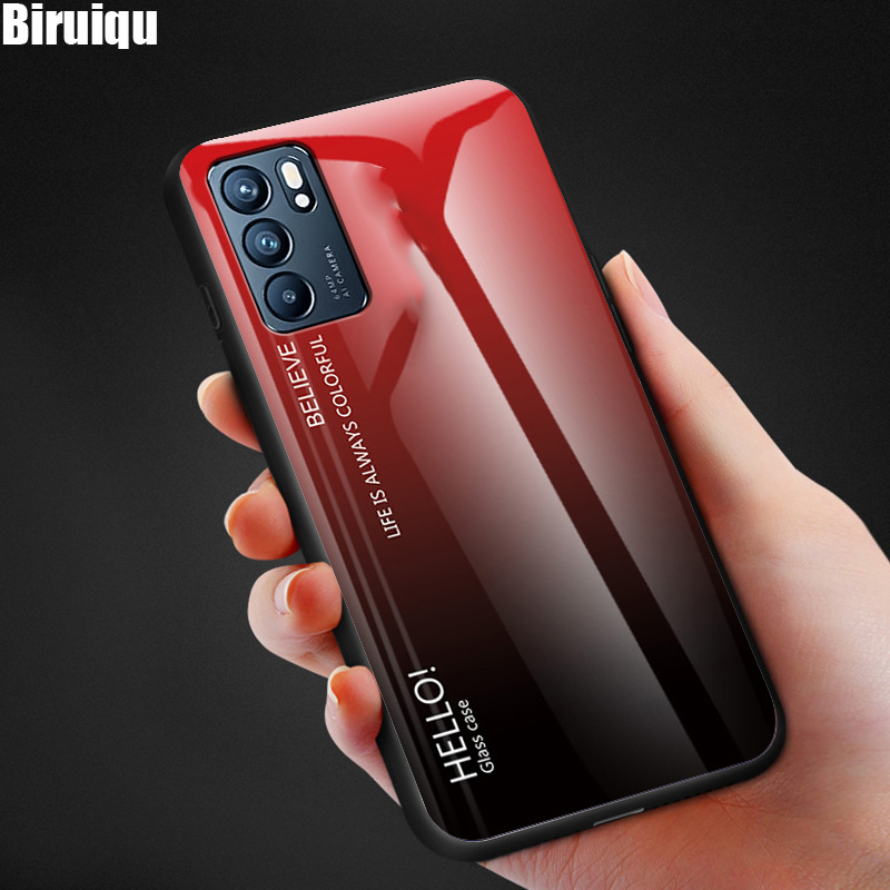 Biruiqu For OPPO Reno 6 Pro Shockproof Gradient Tempered Glass Back Soft Silicone Edge Case Cover
