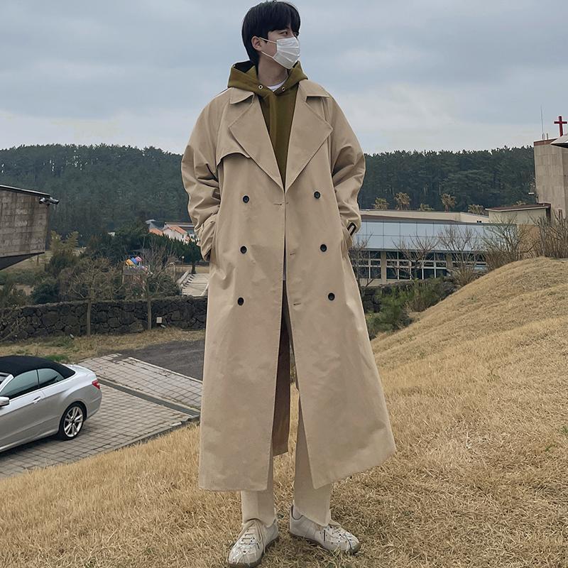 Autumn Korean Style Super Long Men's below the Knee Trench Coat Youth Trendy Handsome Jacket Double Breasted Loose Lace-up Overcoat. 