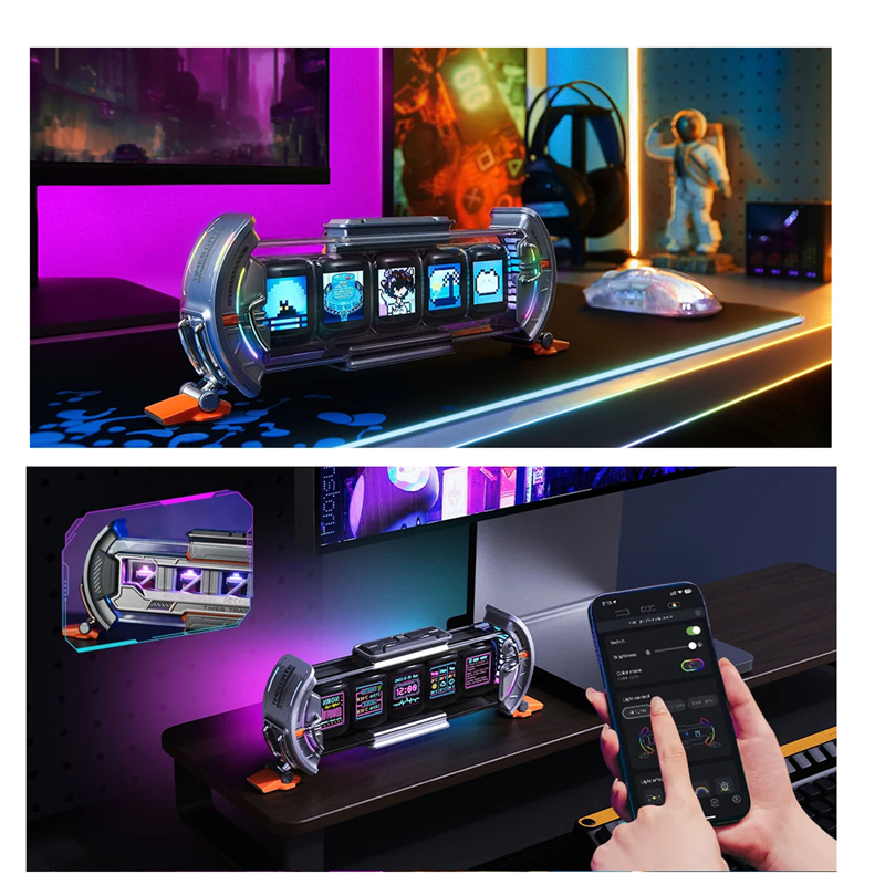 Times Gate Pixel Art Gaming Setup Clock Kit with Smart App Control, 128X128 IPS Screen Display Perfect Home Desktop Decor Set -A. 