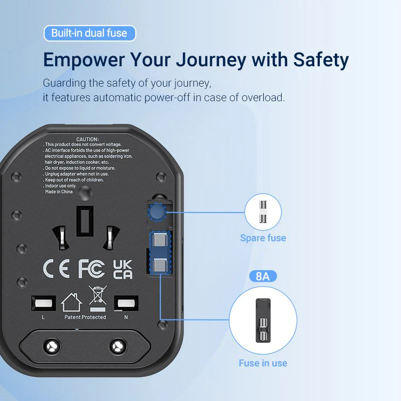 Vention FJCB0 3-Port USB (C + A + A) Universal Travel Adapter (20W/18W/18W) - Black - Universal Travel Adapter - Fast Charging for All Three Ports. 