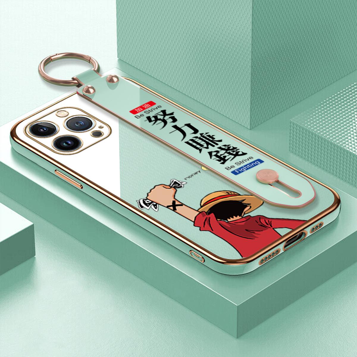 TA for iPhone 13 Pro Max Wrist Strap Back Cover Struggle Luffy Fashion Luxury 6D Plating Soft Casing Silicone Square Frame Phone Case